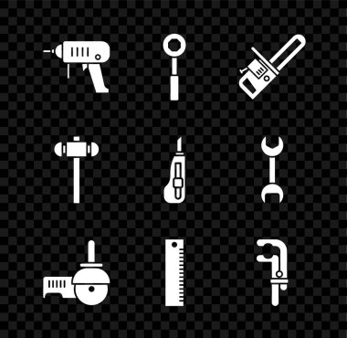 Elektrikli matkap anahtarlı anahtarlı elektrikli testere açılı cetvel kıskacı, balyoz ve kırtasiye bıçağı ikonu ayarla. Vektör.