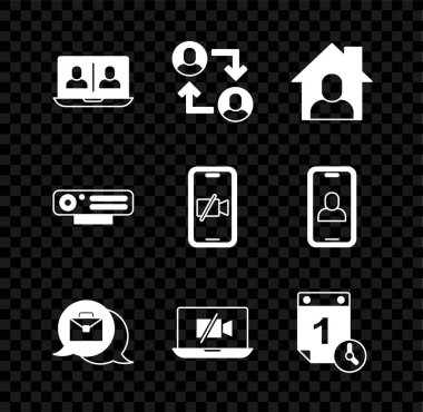 Video sohbet konferansı Proje Üssü 'nü laptop Zaman Yönetimi Web ve mobil simgesi dışında çalışan kameradan ayarla. Vektör.