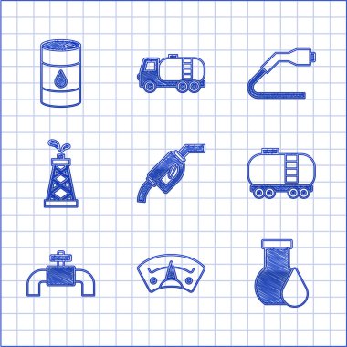 Benzin pompası enjektörü motor benzin göstergesi petrol test tüpü demiryolu boruları ve elektrik kablosu şarjı vanası ve fıçı yağı ikonu ayarlayın. Vektör.