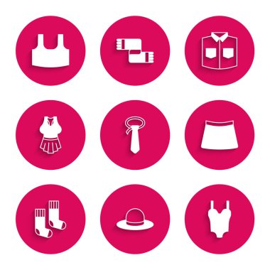 Kravatlı adam şapkası, mayo etek eteği, fanila gömlek ve ikon. Vektör.