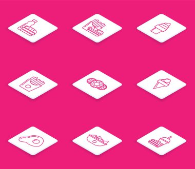 Bir şişe su ve hamburger patates kızartmasını karton paket dondurma külahlı patatesli donut yanında da çırpılmış yumurta ve Nachos tabağı. Vektör.