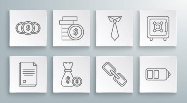 Dolar sembolü para çantası ve bozuk para zinciri pil şarj seviyesi göstergesi kravat kasası ve simgesi ile bozuk para belgesi düzenle. Vektör.