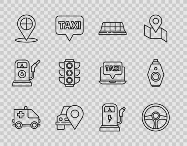 Ambulans ve acil durum arabası direksiyon direksiyonu, taksi trafik ışığı şarj istasyonu ve araba anahtarı ikonu olan harita işaretleyicisi ayarlayın. Vektör.