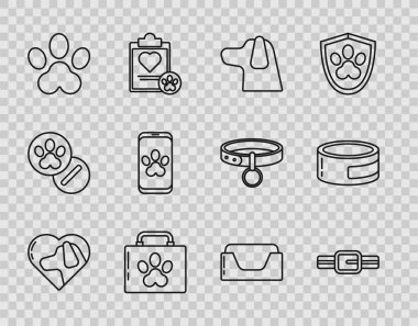 Köpek tasması Köpek Evcil Hayvanı ilk yardım seti Paw baskı Online veterinerlik kliniği sembolü yatak ve konserve yiyecek ikonu ile Line Heart 'ı ayarla. Vektör.