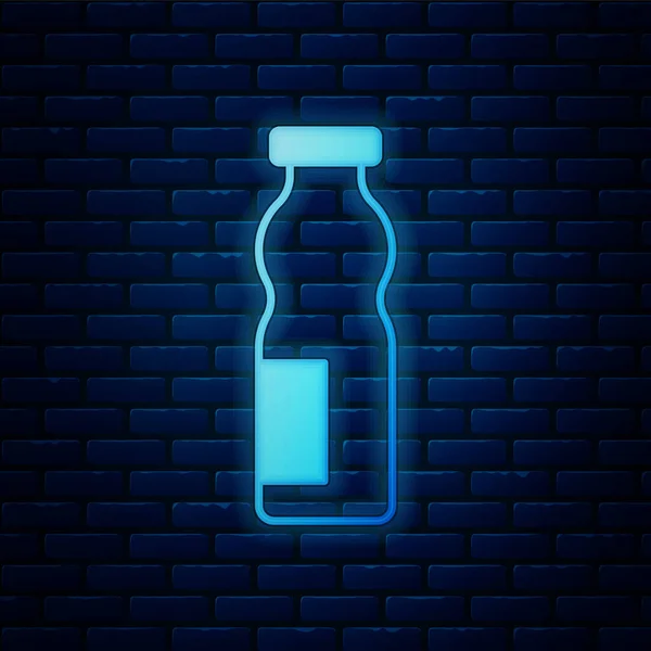 Gloeiende Neon Drinkende Yoghurt Fles Pictogram Geïsoleerd Baksteen Muur Achtergrond — Stockvector