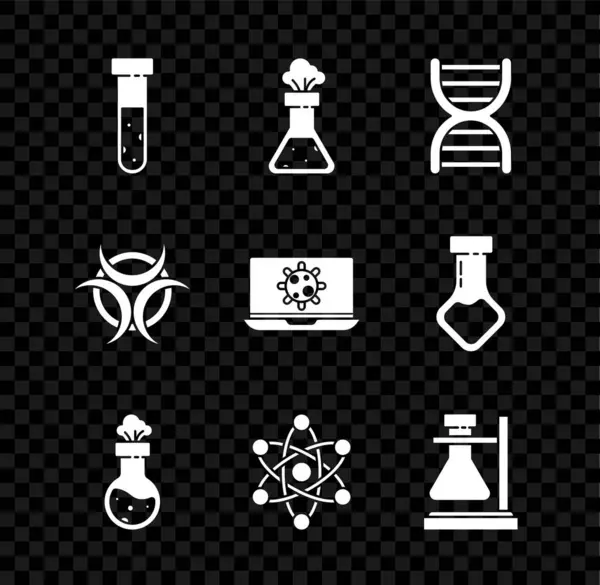 Установите Пробирку Символ Химической Днк Фляжки Atom Стойке Biohazard Значок — стоковый вектор