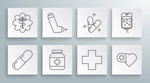 Set Line Médicament Pilule Comprimé Flacon Inhalateur Croix Hôpital Médical — Image vectorielle