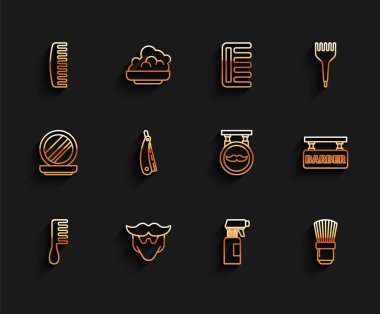 Saç fırçası bıyığı ve sakallı saç spreyi şişesi traş makinesi, berber dükkanı ve ikon. Vektör.