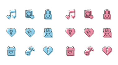 Takvimi, kalp şişesi aşk iksiri nota notası ile ayarla. Kalp atışları, kalp atışları, kalp atışları, kalp atışları, kalp atışları, kalp atışları, kalp atışları, kalp atışları. Vektör.