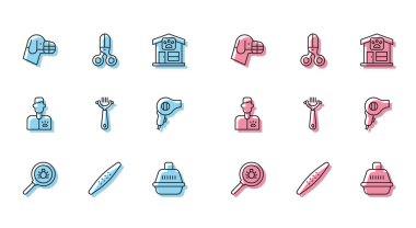 Flea Nail dosya evcil köpeği, köpek ve kedi kurutma makinesi veteriner ve makas kuaför ikonu için köpek ve saç fırçası taşıyor. Vektör.