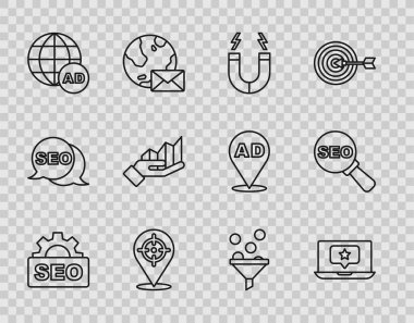 SEO optimizasyon dizüstü bilgisayarını yıldız mıknatısı hedef turta tanıtım grafiği bilgi yönetimi ve simgesi ile ayarla. Vektör.