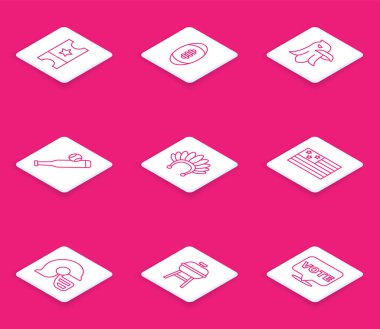 Amerikan Futbol Kartalı sopası, Amerikan futbolu şapkası, futbol kaskı ve ızgara ikonu. Vektör.