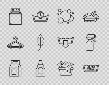 Bulaşık deterjanı deterjanı deterjan deterjanı deterjan deterjanı deterjan köpüğü şişesini sabun köpüğü ve su püskürtme ikonu ile temizleme havzası için ayarla. Vektör.