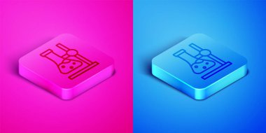 Isometric line Glass test tube flask on stand icon isolated on pink and blue background. Laboratory equipment. Square button. Vector.