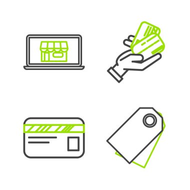 Satır Blank etiket şablon fiyat etiketi kredi kartı İnsan el ele tutuş ve ekran dizüstü bilgisayar simgesi üzerinde alışveriş binası. Vektör.