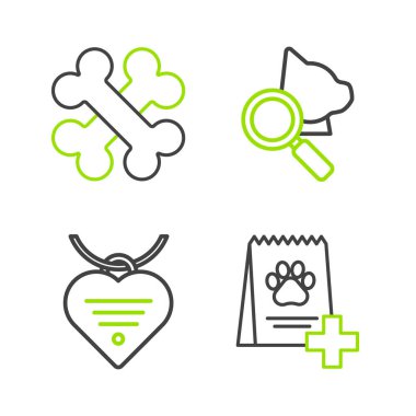 Köpek tasması, kalp veteriner kliniği sembolü ve çapraz kemik ikonu olan köpek tasması için yiyecek torbası hazırlayın. Vektör.