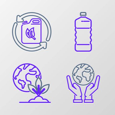 Yerküre küresi plastik şişe ve biyo-yakıt ikonu tutan insan ellerini hizaya sokun. Vektör.