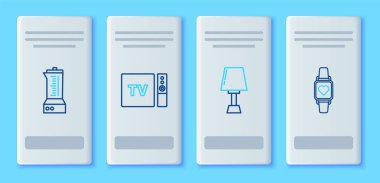 Satır TV alıcısı ve oyuncuyu uzaktan kumandalı masa lambası karıştırıcısı ve kalp atış hızı simgesini gösteren Smart saati ile ayarla. Vektör.