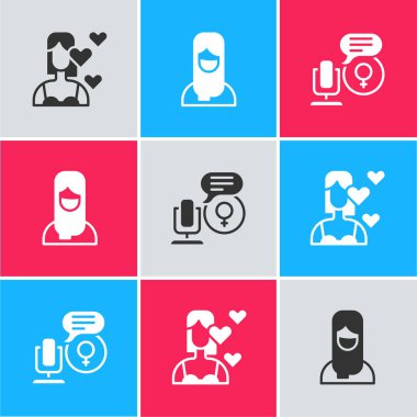 Kendini Sev Müslüman kadın tesettüre ve mikrofon ikonuna koy. Vektör.