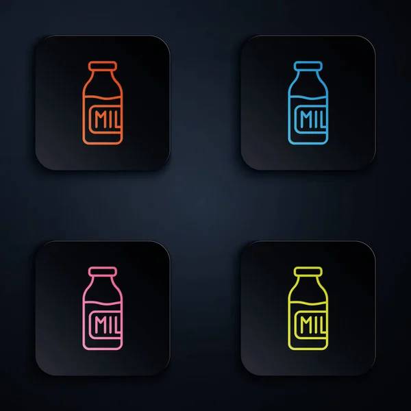 Farbe Neon Linie Geschlossene Glasflasche Mit Milchsymbol Isoliert Auf Schwarzem — Stockvektor