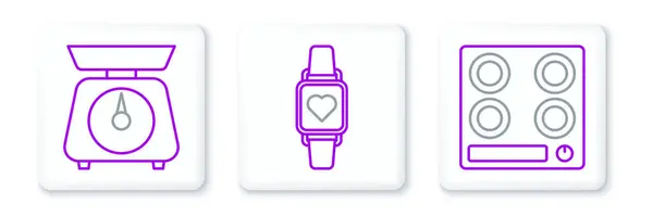 Set Line Gasherdwaagen Und Smart Uhr Mit Herzfrequenz Symbol Vektor — Stockvektor