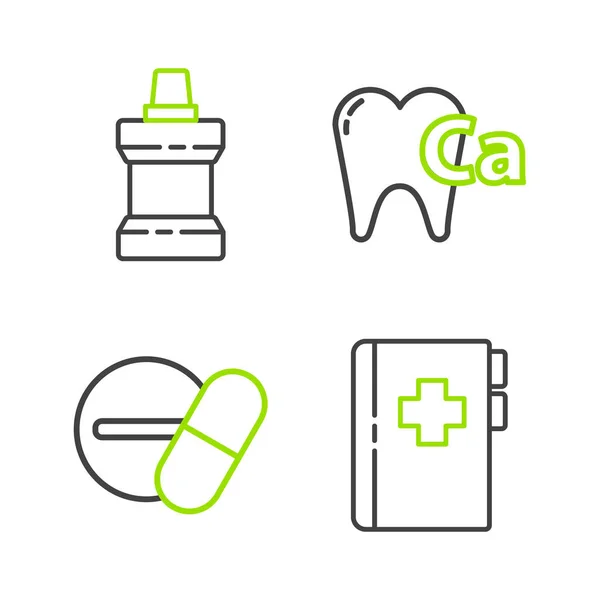 Set Line Presse Papiers Avec Carte Dentaire Pilule Comprimé Médecine — Image vectorielle