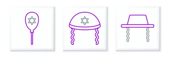 Stock vector Set line Orthodox jewish hat Balloon with star of david and Jewish kippah icon. Vector.