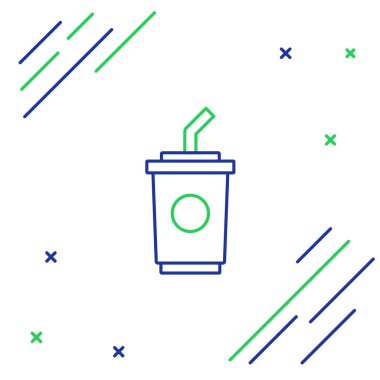 Beyaz zemin üzerinde saman ve su ikonu olan çizgi kağıt bardak. Soda bardağı. Taze soğuk içecek sembolü. Renkli taslak konsepti. Vektör.