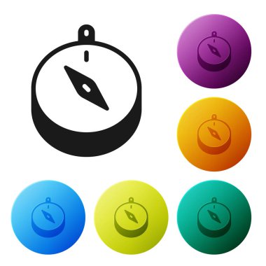 Siyah Pusula simgesi beyaz arkaplanda izole edildi. Rüzgâr yön bulma sembolü. Rüzgar gül işareti. Simgeleri renk daire düğmelerine ayarla. Vektör.