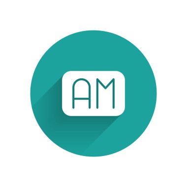 Beyaz Sabah zaman simgesi uzun gölgeyle izole edildi. Zaman sembolü. Yeşil daire düğmesi. Vektör.