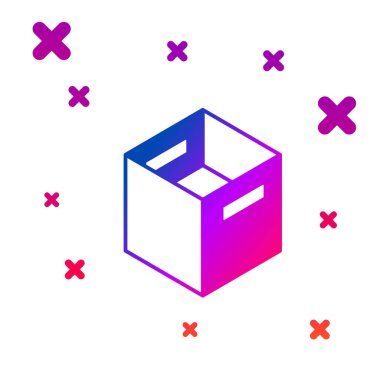 Beyaz arkaplanda izole edilmiş renkli karton kutu simgesi. Kutu, paket, paket işareti. Teslimat ve ambalaj. Kademeli rastgele dinamik şekiller. Vektör.