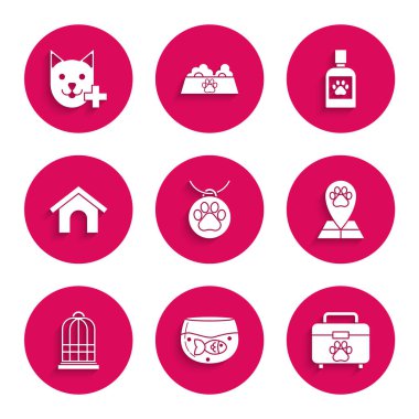 Yakasına isim etiketi takın. Akvaryum balığı ilk yardım çantası haritası, veteriner kafesi, kafes, köpek kulübesi şişesi ve veteriner kliniği simgesi. Vektör.