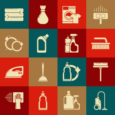 Çamaşır makinesini temizlemek için elektrikli süpürge sileceği fırçasını ve plastik tişörtü sıvı bulaşık deterjanı bulaşık deterjanı ve ikonu hazırla. Vektör.