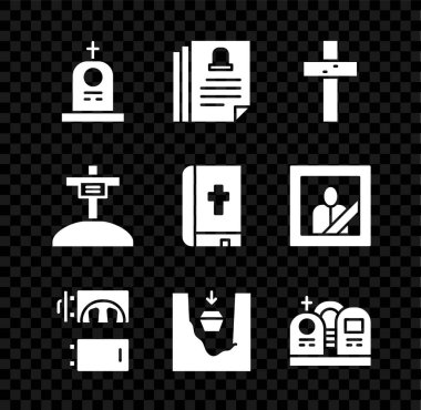 Mezar taşı ölüm belgesiyle Hristiyan haçı ile Krematoryum Tabutu 'nu mezar ve kutsal İncil ikonu yap. Vektör.