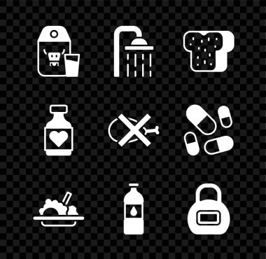 Süt banyosu başlıklı ekmek kızartması için kağıt paketi hazırla. Sağlıklı yiyecek şişesi Kettlebell Vitamin hapı ve et ikonu yok. Vektör.