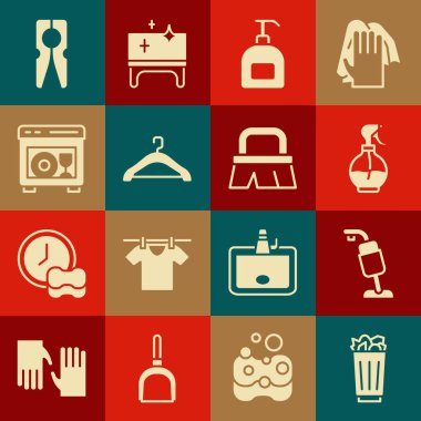 Çöp tenekesini tamamen temizleyin. Su spreyi şişesi, deterjan, gardırop, bulaşık makinesi elbise tokası ve temizlik ikonu için fırça getirin. Vektör.