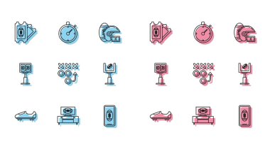 Futbol ya da futbol ayakkabılarını sivri uçlu Smartphone amerikan ile belirleyin ekran planlama stratejisi amaç Sport mekanik skor tablosu görüntüsü ve Stopwatch simgesi. Vektör.