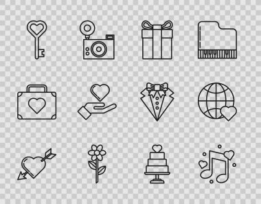 Kalpli ve oklu Amour sembolünü belirle. Müzik nota notaları. Hediye kutusu çiçek anahtarı. Vektör.