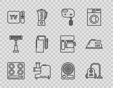 Gaz ocağı elektrikli süpürge elektrikli mutfak kıyma makinesi televizyon alıcısı ve uzaktan kumandalı güç bankası kablo ısıtıcısı ve demir ikonu olan bir oyuncu ayarla. Vektör.