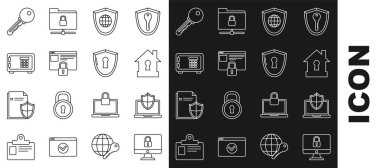 Satır Kilidi 'ni bilgisayar monitörüne, Kalkan Evi' nin koruması altında korunan bilgisayar ekranına ayarla. Güvenli HTTPS SSL Anahtarı ve anahtar deliği simgesini emniyete alın. Vektör.