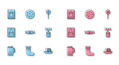 Marshmallowlu sıcak çikolata fincanı, marshmallowlu noel çorabı marzipan kek süngeri, Candy Price etiket satışı, kurabiye ve bisküvi ikonu. Vektör.