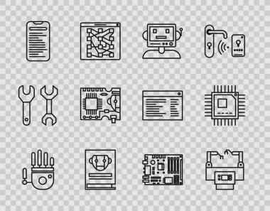 Hat Mekanik robot eli Bilgisayar api arayüzü basılı devre kartı PCB Elektronik bilgisayar bileşenleri anakart dijital çipi ve mikro devre işlemci simgesini ayarla. Vektör.