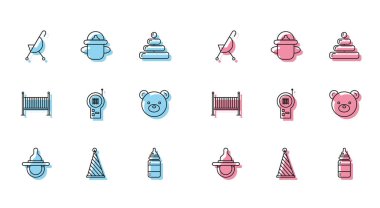 Hattı ayarla Bebek Emzik Parti Şapka Bebek Bebek Bebek Bebek Bebek Bebek Bebek Bebek Bebek Bebek Bebek Bebek Bebek Bebek Bebek Bebek Telsizi Oyuncak Ayı Oyuncak Ayı peluş oyuncak beşik yatağı ve simgesi. Vektör.