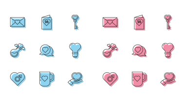 Erkek cinsiyetli kahve fincanı ve kalp şeklinde sevgililer gününde el konuşması baloncuğu şeklinde ampul şişesi aşk iksiri ve sevgililer günü broşürü. Vektör.