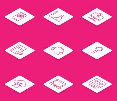 Laptop Video sohbet konferansında çalışan cep telefonu öğrencisini ayarla. Ses kitabı kulaklıkları, büyüteç, Cloud çevrimiçi kütüphanesi ve dizüstü bilgisayar simgesi. Vektör.