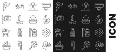 Tenis topu köpeğini ağızlık, şampuan evi ve makas desenli kuaför saç kurutma makinesi ve çanta ikonu taşımaya ayarla. Vektör.