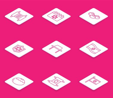 Tevrat çizgisi Yahudi takvimi tatlı fırın kalkanı, David Ortodoks Yahudi şapkası, İsrail bayrağı ve ikonu. Vektör.