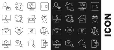 Bilgisayar Projesi Ekibi sohbet konferansı ve ev ikonu üzerinde çalışan çevrimiçi Freelancer Online video kamerasını çalıştır. Vektör.