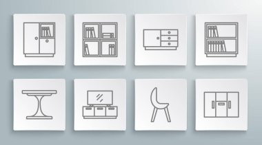 Sıralı Yuvarlak Masa Sehpası 'nı kitaplıklarla, televizyon standlarıyla, Kol Koltuğu Gardırop Çekmeceleri Kütüphane kitaplığı ve ikonuyla kurun. Vektör.