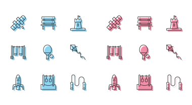 Roket gemisi jimnastik halkaları Hopscotch ip zıplama raket ve Kite Double salıncak ve Bench ikonu. Vektör.